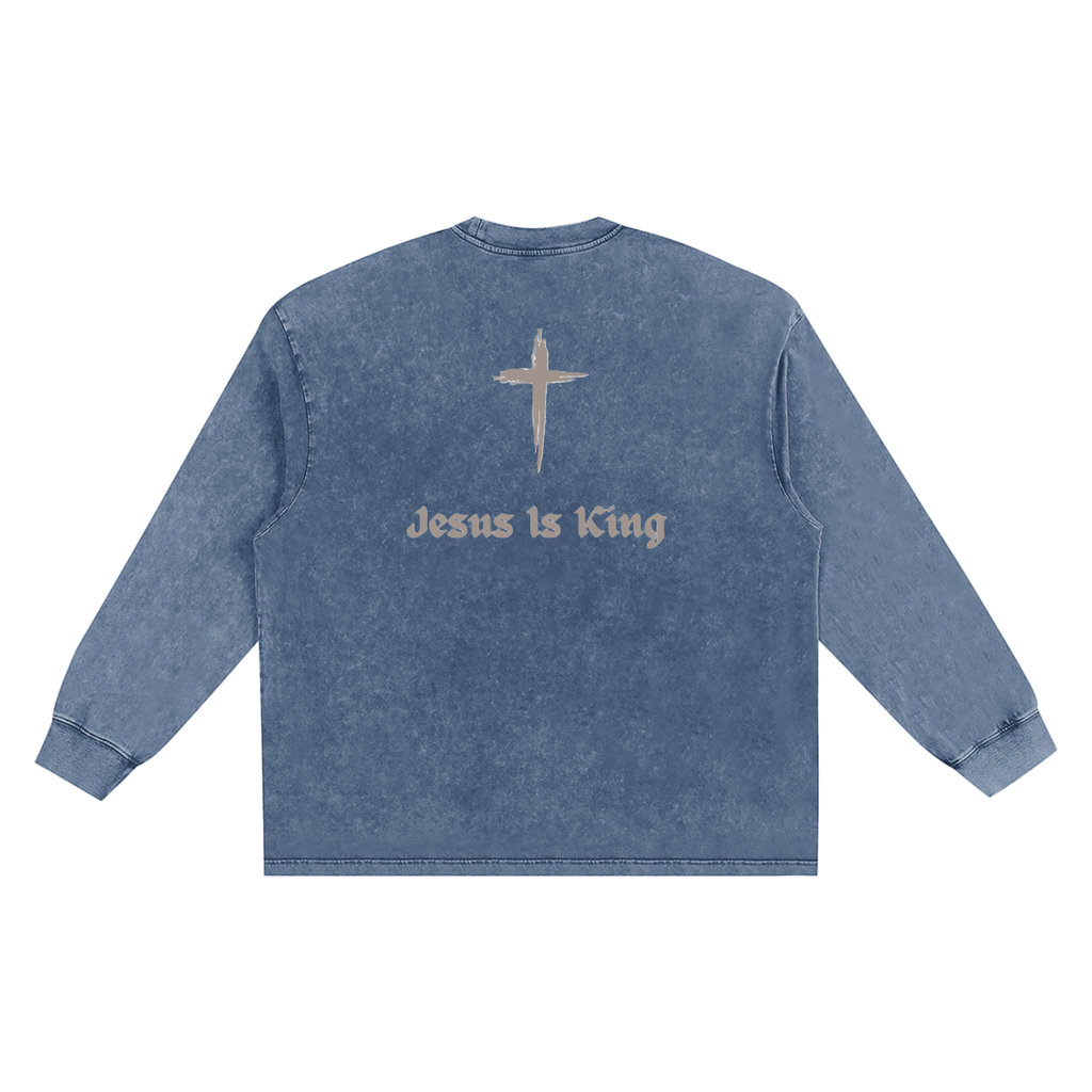 Jesus Is King Long Sleeve - Snow Washed Frayed Edge T-Shirt